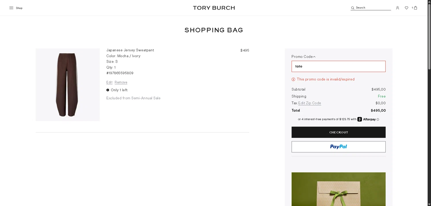 Tory Burch promo code screenshot showing code tote applied at Tory Burch checkout page. Uploaded by SimplyCodes community member PromoElite4745 on Dec 26, 2025