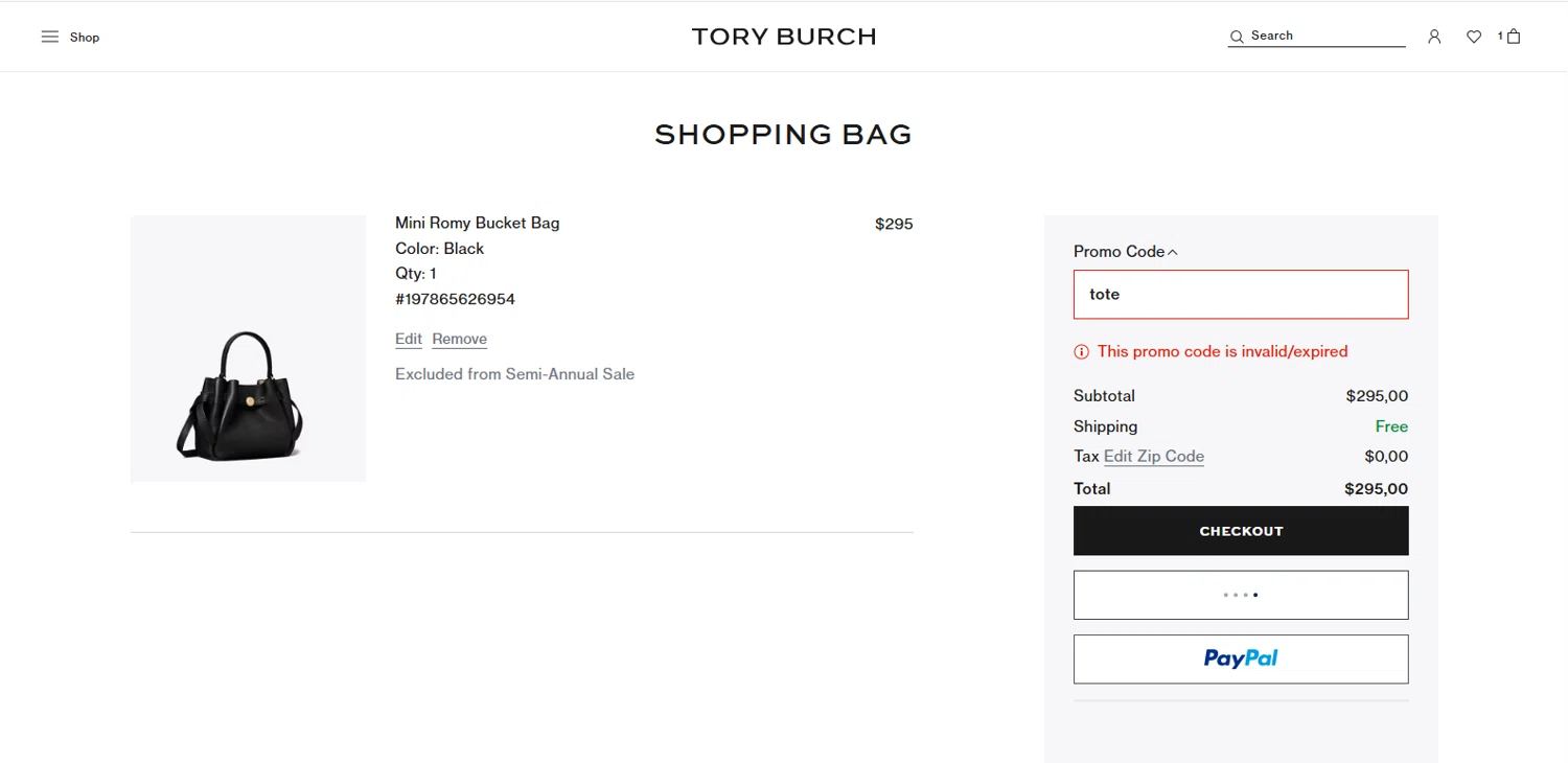 Tory Burch promo code screenshot showing code tote applied at Tory Burch checkout page. Uploaded by SimplyCodes community member dimitriv on Dec 26, 2025
