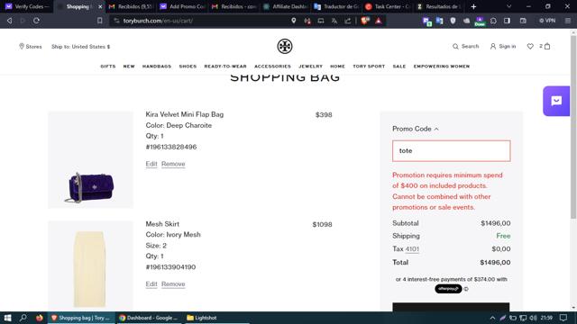 Tory Burch checkout page showing Tory Burch promo code box | Screenshot taken by SimplyCodes community member on Nov 12, 2023