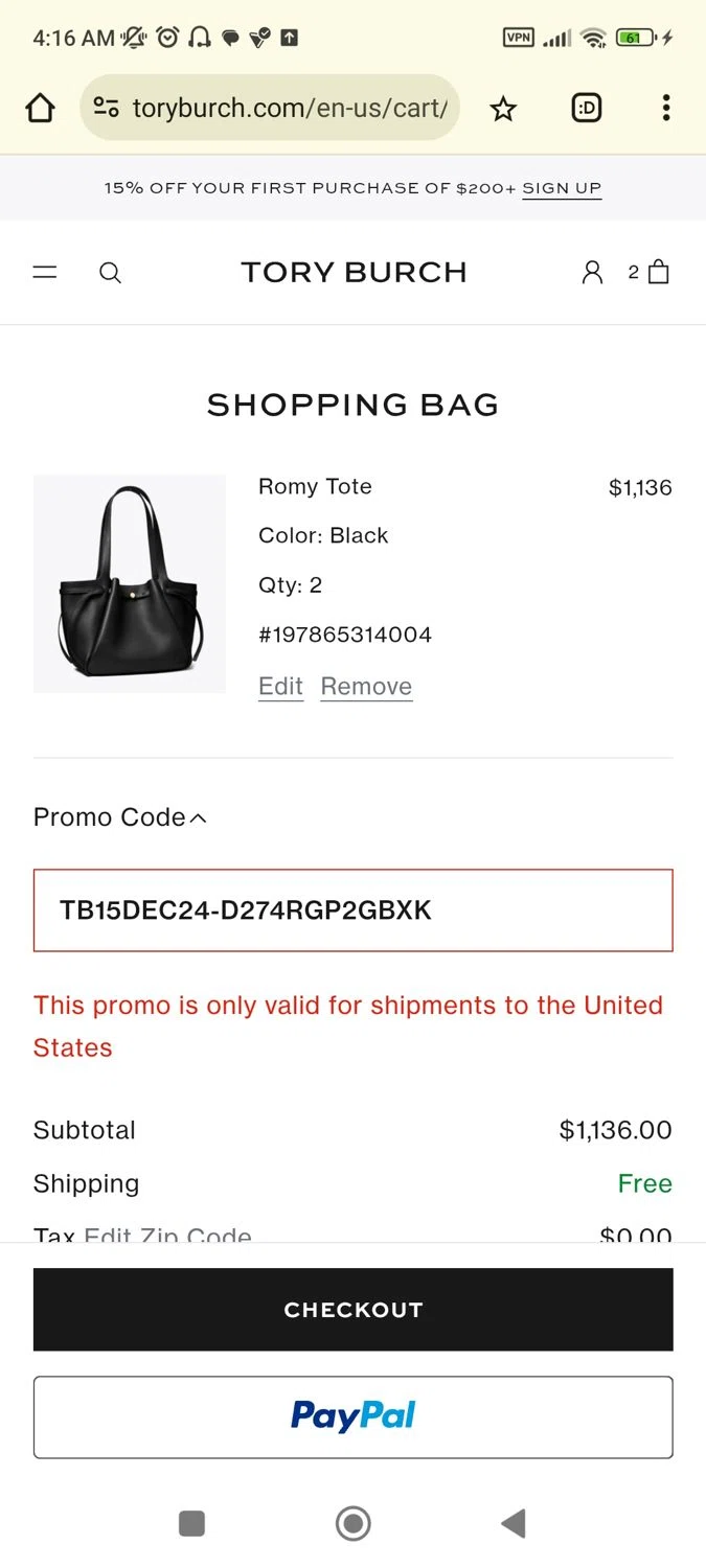 Tory Burch checkout page showing Tory Burch promo code box | Screenshot taken by SimplyCodes community member on Mar 8, 2025