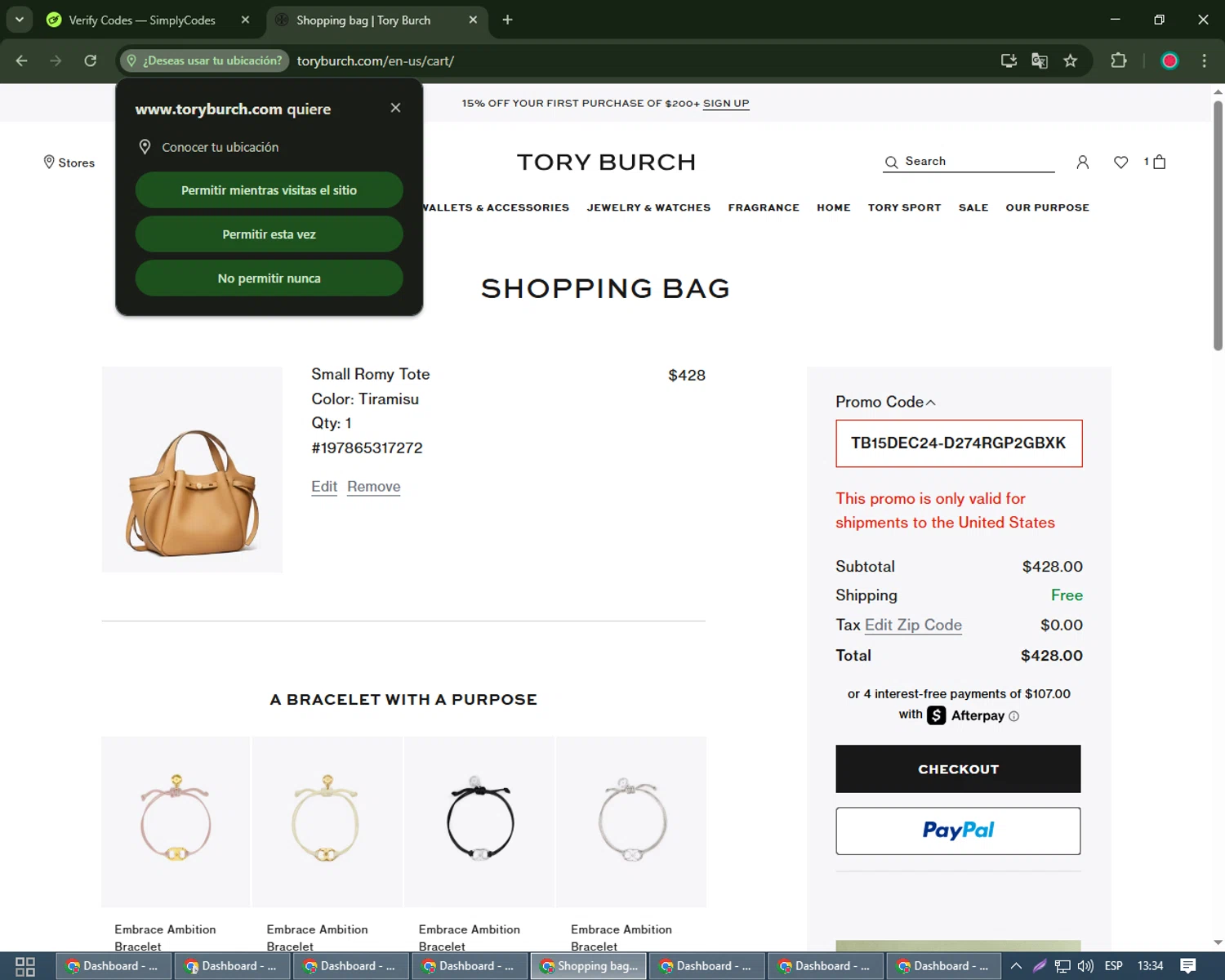 Tory Burch promo code screenshot showing code TB15DEC24-D274RGP2GBXK applied at Tory Burch checkout page. Uploaded by SimplyCodes community member Michael_Brown on Mar 18, 2025