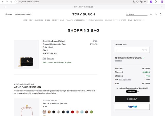 Tory Burch checkout page showing Tory Burch promo code box | Screenshot taken by SimplyCodes community member on Dec 14, 2024