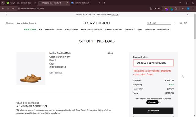 Tory Burch checkout page showing Tory Burch promo code box | Screenshot taken by SimplyCodes community member on Feb 26, 2025