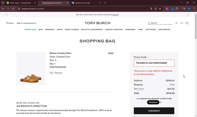 Tory Burch checkout page showing Tory Burch promo code box | Screenshot taken by SimplyCodes community member on Feb 26, 2025