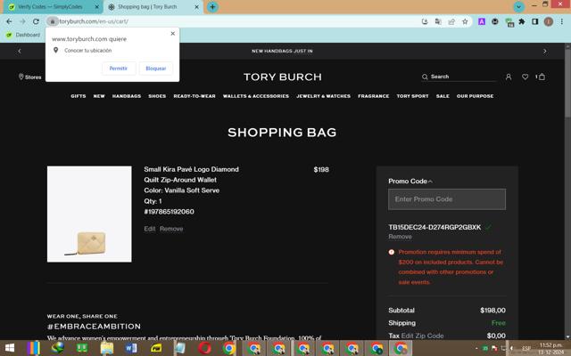 Tory Burch checkout page showing Tory Burch promo code box | Screenshot taken by SimplyCodes community member on Dec 14, 2024