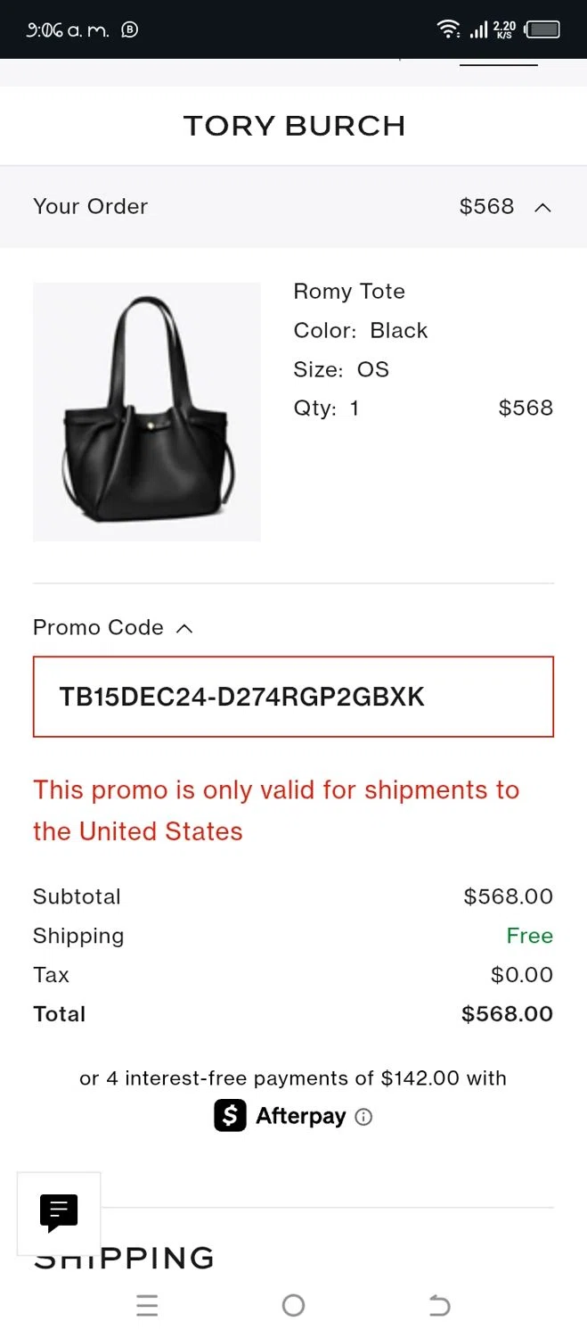 Tory Burch promo code screenshot showing code TB15DEC24-D274RGP2GBXK applied at Tory Burch checkout page. Uploaded by SimplyCodes community member yubligil on Mar 18, 2025