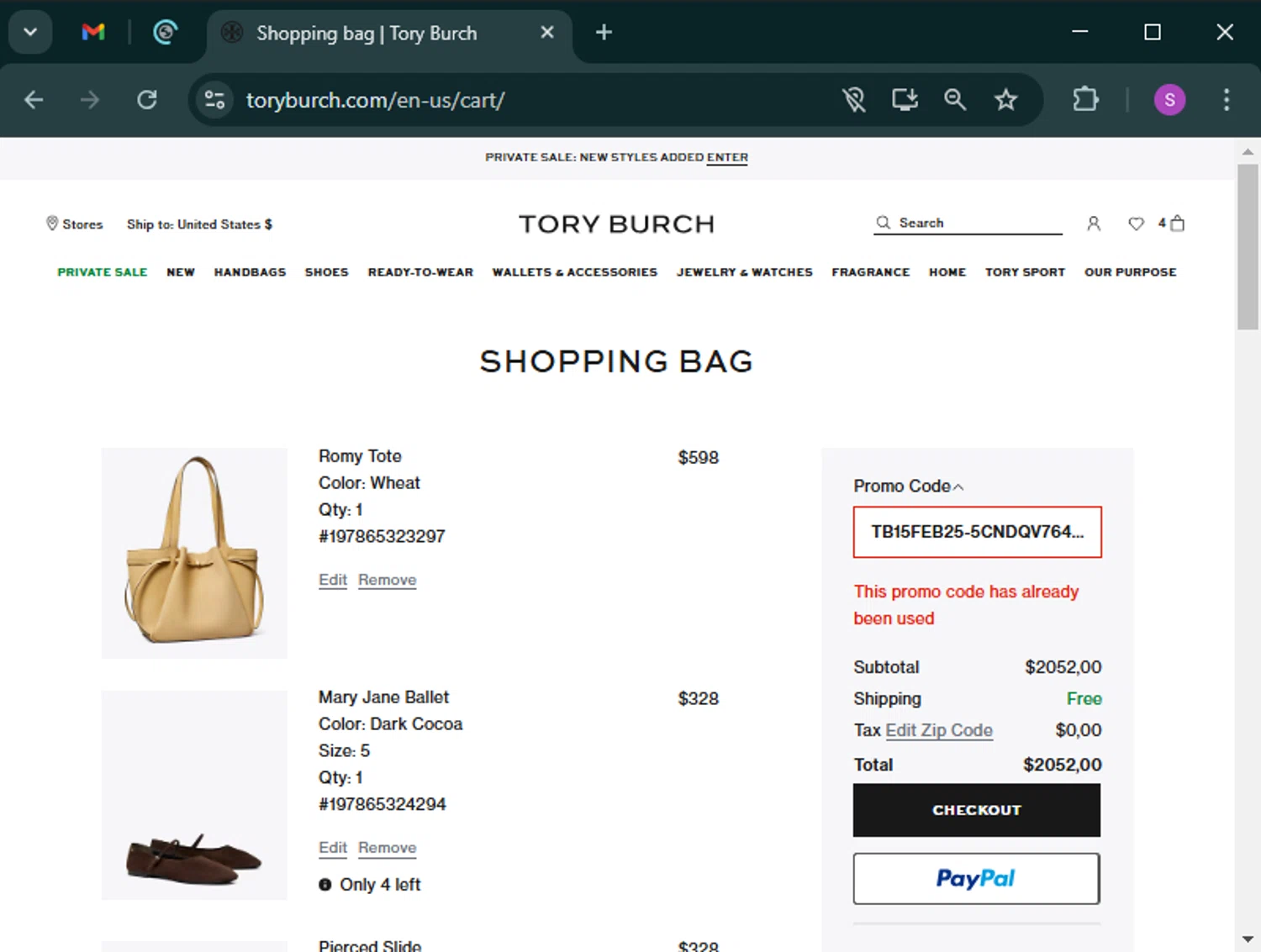 Tory Burch promo code screenshot showing code TB15FEB25-5CNDQV764NZS applied at Tory Burch checkout page. Uploaded by SimplyCodes community member CoinElite8726 on Feb 23, 2025