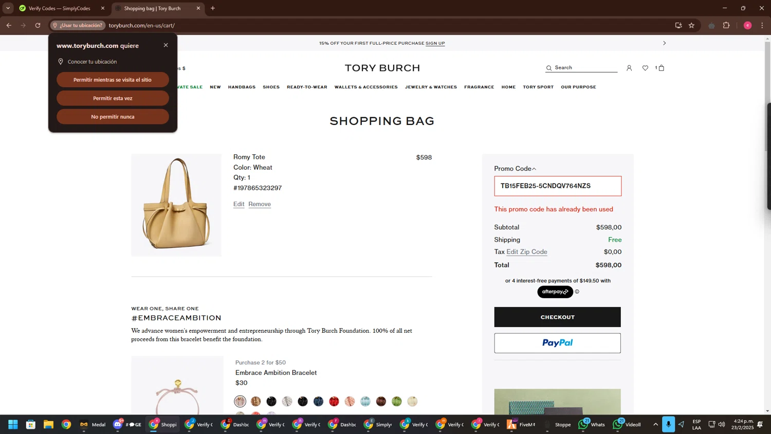 Tory Burch promo code screenshot showing code TB15FEB25-5CNDQV764NZS applied at Tory Burch checkout page. Uploaded by SimplyCodes community member TreasureWarden457 on Feb 23, 2025