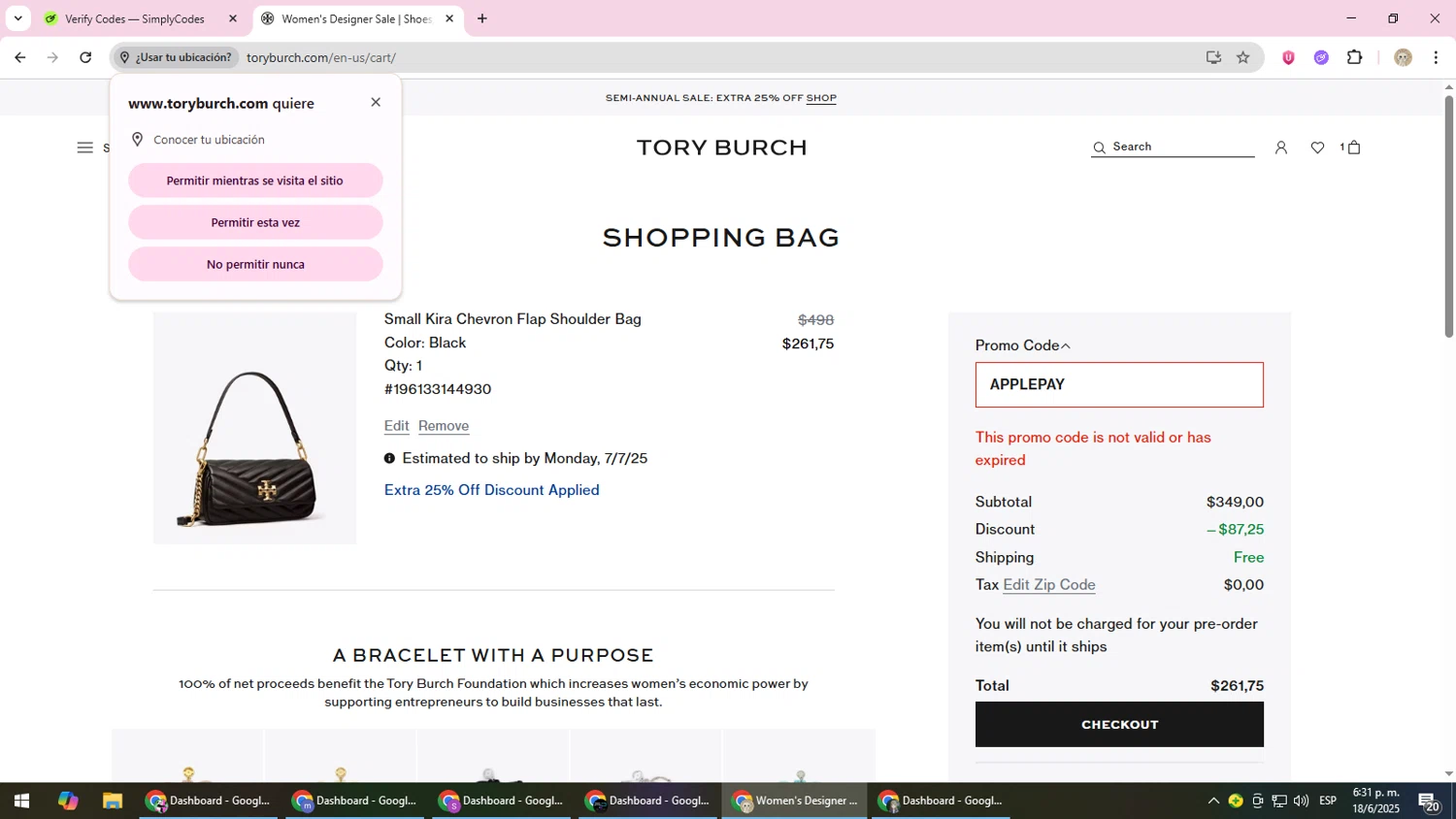 Tory Burch promo code screenshot showing code APPLEPAY applied at Tory Burch checkout page. Uploaded by SimplyCodes community member NobleScholar4826 on Jun 18, 2025