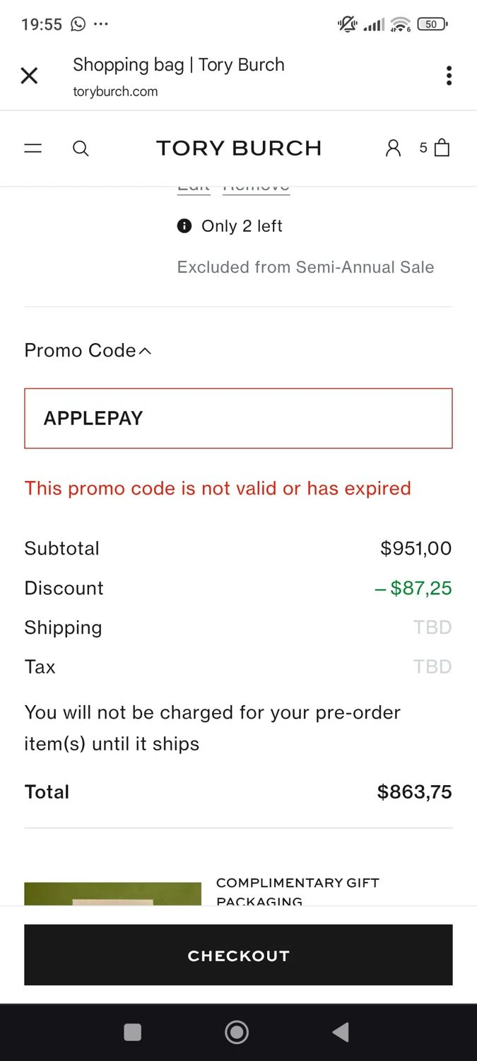 Tory Burch promo code screenshot showing code APPLEPAY applied at Tory Burch checkout page. Uploaded by SimplyCodes community member ShieldWhiz4659 on Jun 18, 2025