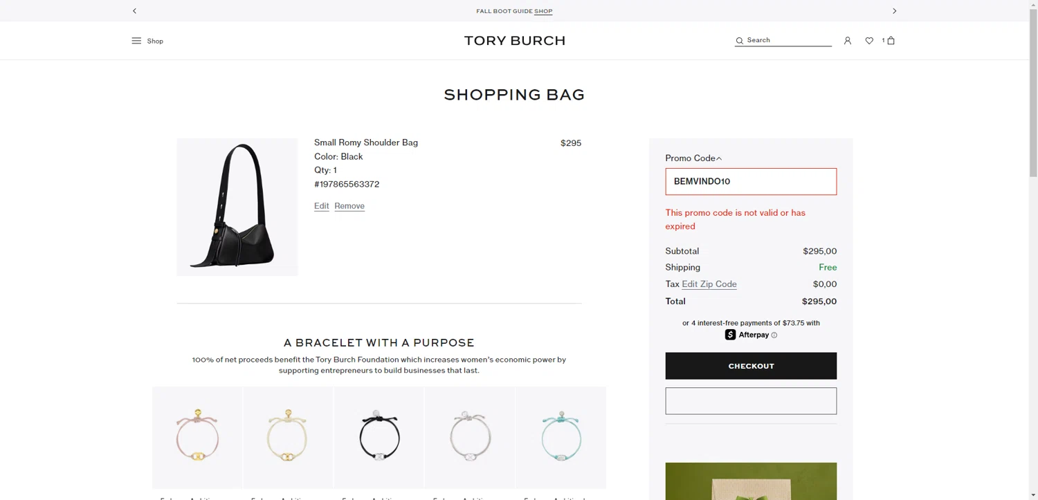 Tory Burch promo code screenshot showing code BEMVINDO10 applied at Tory Burch checkout page. Uploaded by SimplyCodes community member CrownTiger6508 on Sep 2, 2025
