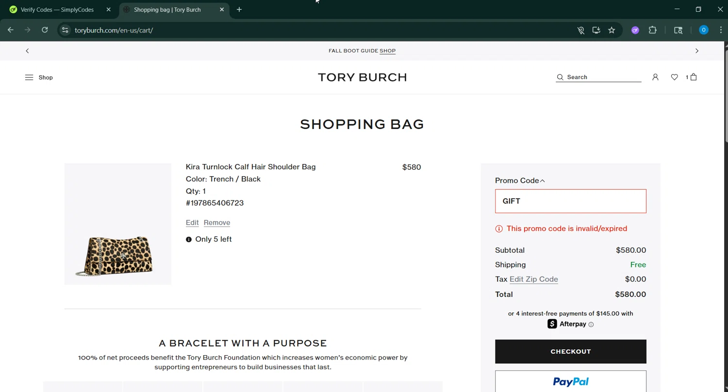 Tory Burch promo code screenshot showing code GIFT applied at Tory Burch checkout page. Uploaded by SimplyCodes community member _____________ on Sep 11, 2025