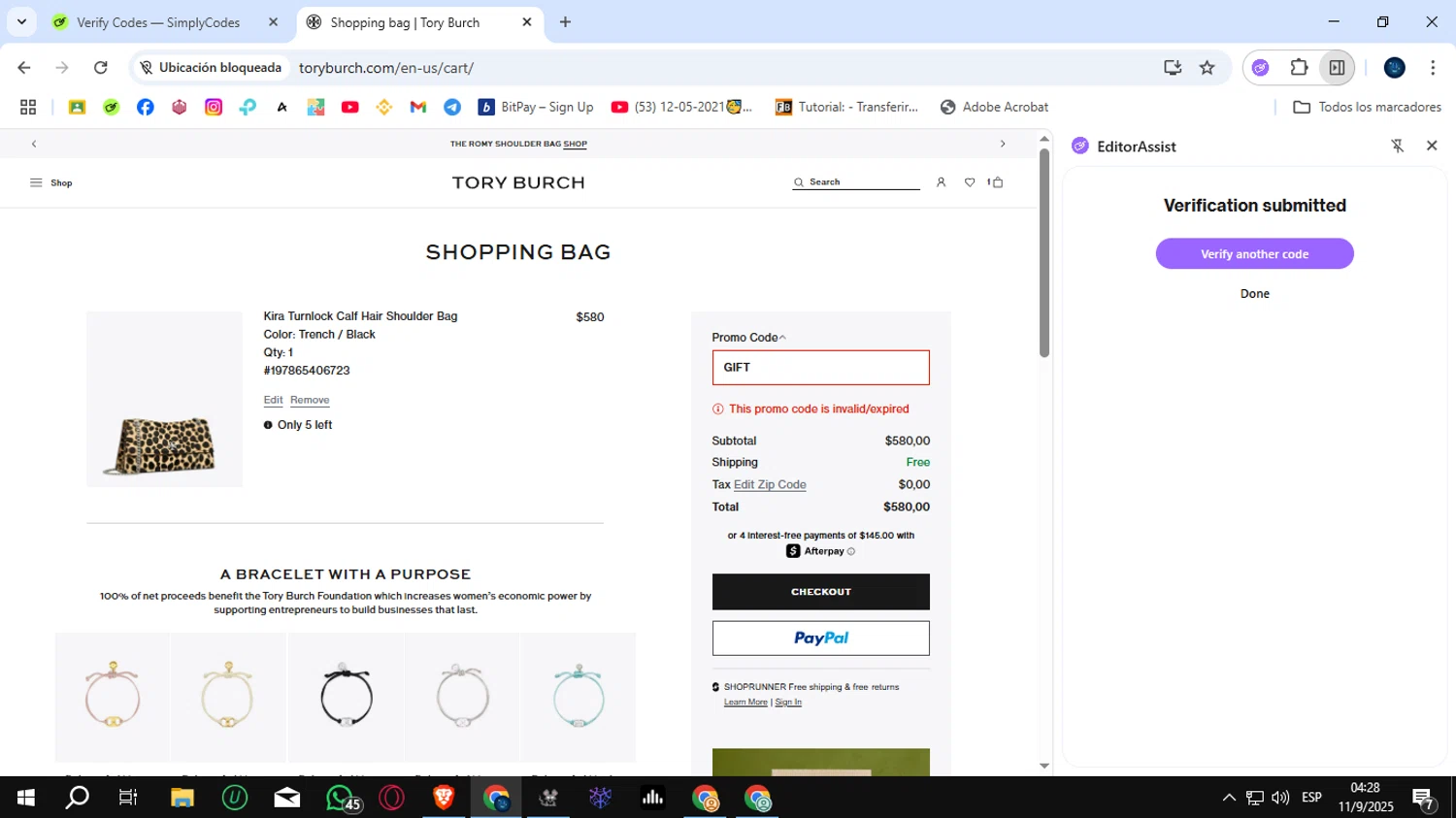 Tory Burch promo code screenshot showing code GIFT applied at Tory Burch checkout page. Uploaded by SimplyCodes community member SunJinWoo on Sep 11, 2025