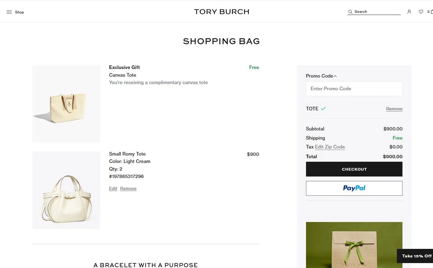 Tory Burch promo code screenshot showing code TOTE applied at Tory Burch checkout page. Uploaded by SimplyCodes community member stygian1 on Dec 15, 2025