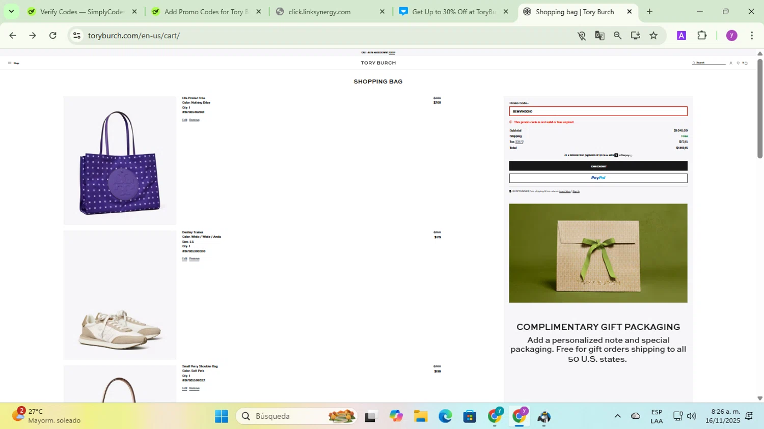Tory Burch promo code screenshot showing code BEMVINDO10 applied at Tory Burch checkout page. Uploaded by SimplyCodes community member yadicg054 on Nov 16, 2025