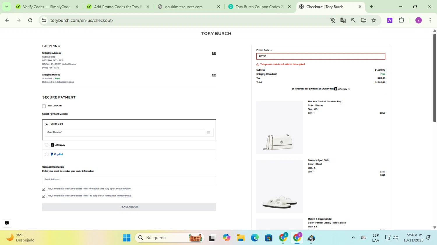Tory Burch promo code screenshot showing code HEY10 applied at Tory Burch checkout page. Uploaded by SimplyCodes community member yadicg054 on Nov 18, 2025