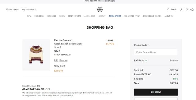 Tory Burch EU checkout page showing Tory Burch EU promo code box | Screenshot taken by SimplyCodes community member on Jan 3, 2022