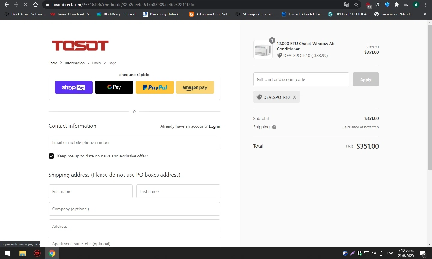 Tosot Direct checkout page showing Tosot Direct promo code box | Screenshot taken by SimplyCodes community member on Aug 21, 2020