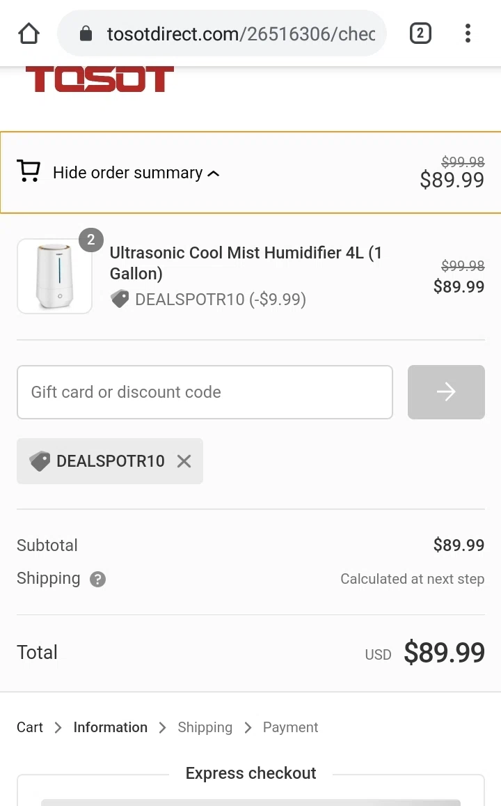 Tosot Direct checkout page showing Tosot Direct promo code box | Screenshot taken by SimplyCodes community member on Jul 11, 2020