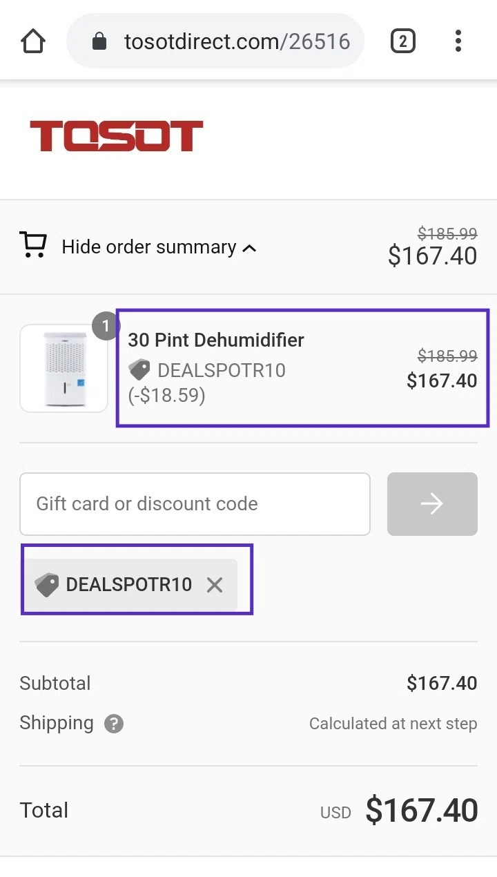 Tosot Direct checkout page showing Tosot Direct promo code box | Screenshot taken by SimplyCodes community member on Jul 23, 2020