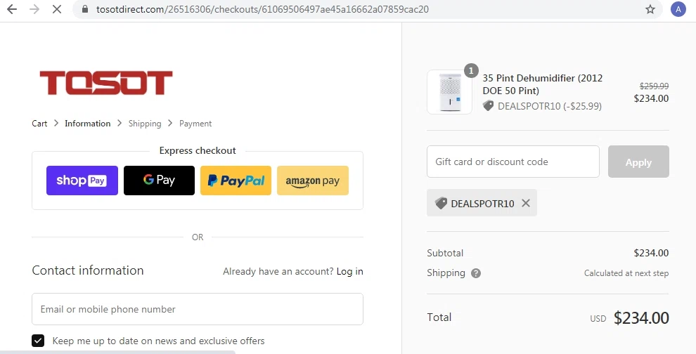 Tosot Direct checkout page showing Tosot Direct promo code box | Screenshot taken by SimplyCodes community member on Jun 17, 2020