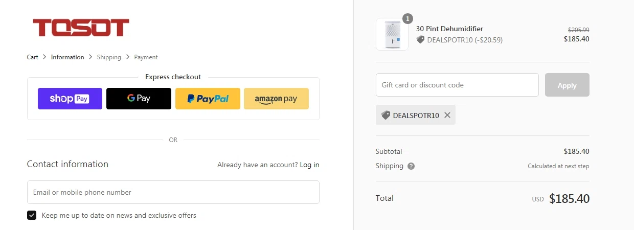 Tosot Direct checkout page showing Tosot Direct promo code box | Screenshot taken by SimplyCodes community member on Jun 29, 2020