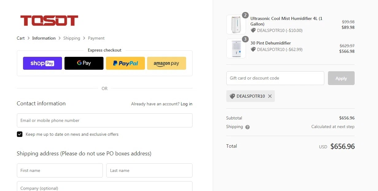 Tosot Direct checkout page showing Tosot Direct promo code box | Screenshot taken by SimplyCodes community member on Jun 5, 2020