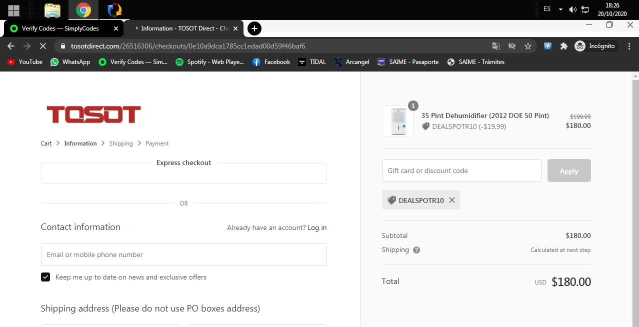 Tosot Direct checkout page showing Tosot Direct promo code box | Screenshot taken by SimplyCodes community member on Oct 20, 2020