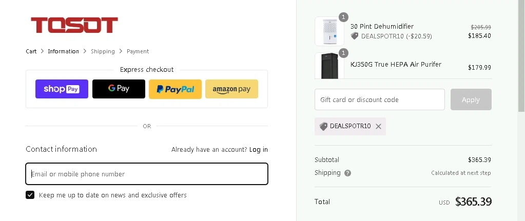 Tosot Direct checkout page showing Tosot Direct promo code box | Screenshot taken by SimplyCodes community member on Jul 5, 2020