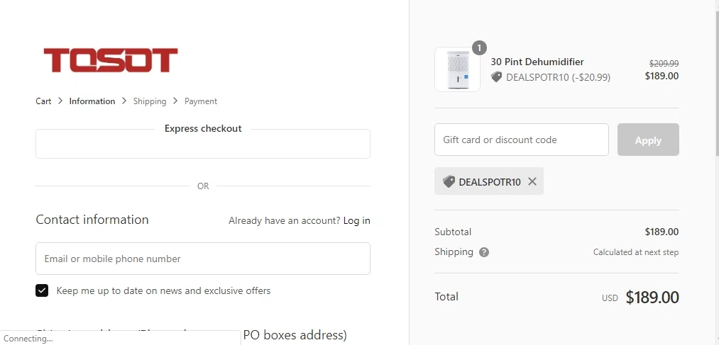 Tosot Direct checkout page showing Tosot Direct promo code box | Screenshot taken by SimplyCodes community member on Jun 23, 2020