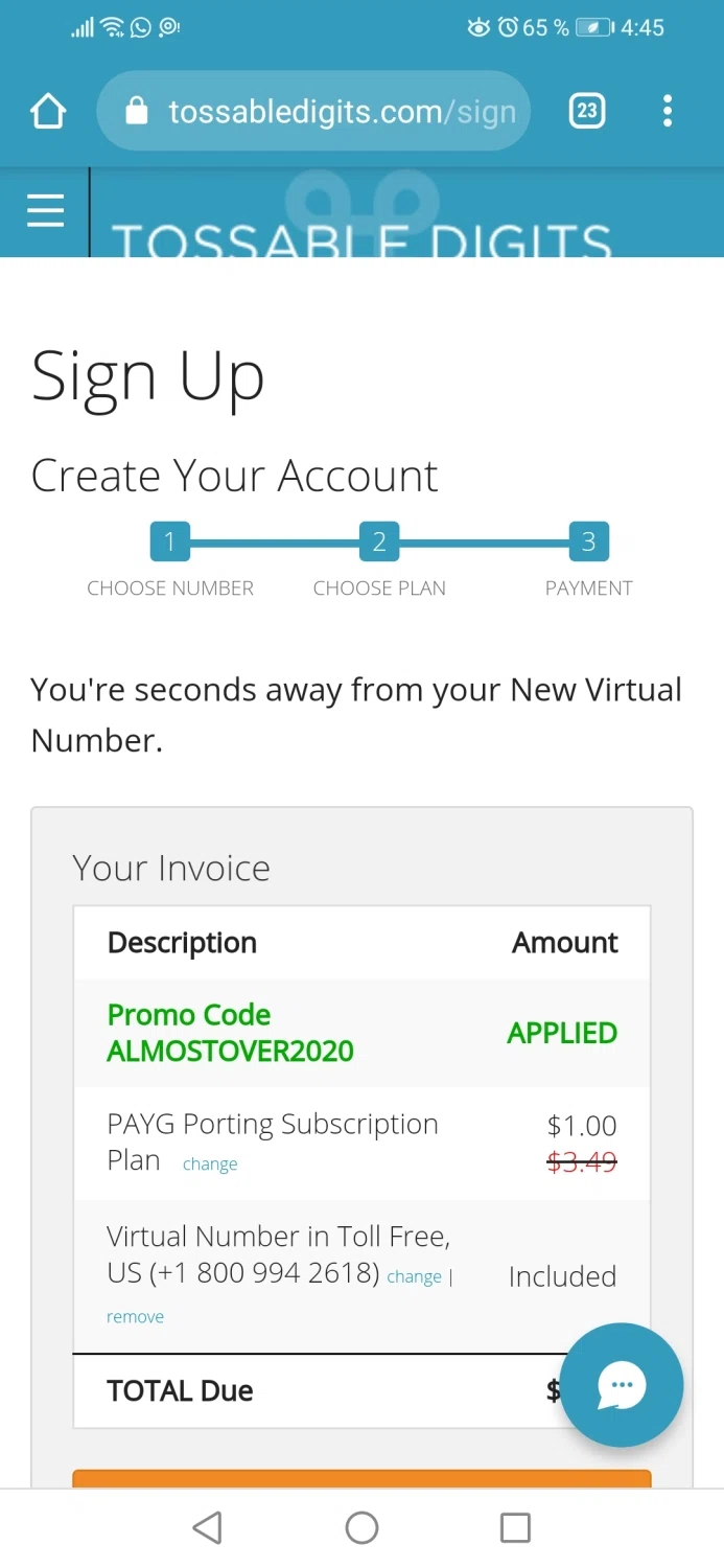 Tossable Digits checkout page showing Tossable Digits promo code box | Screenshot taken by SimplyCodes community member on Nov 29, 2020