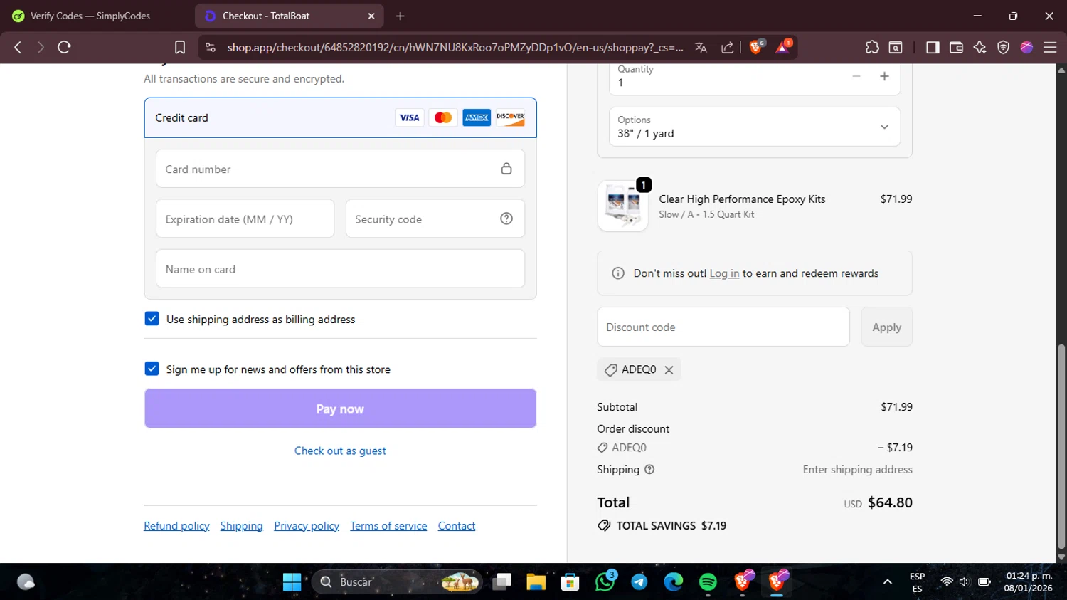 TotalBoat promo code screenshot showing code ADEQ0 applied at TotalBoat checkout page. Uploaded by SimplyCodes community member Guacamole_Picante on Jan 8, 2026