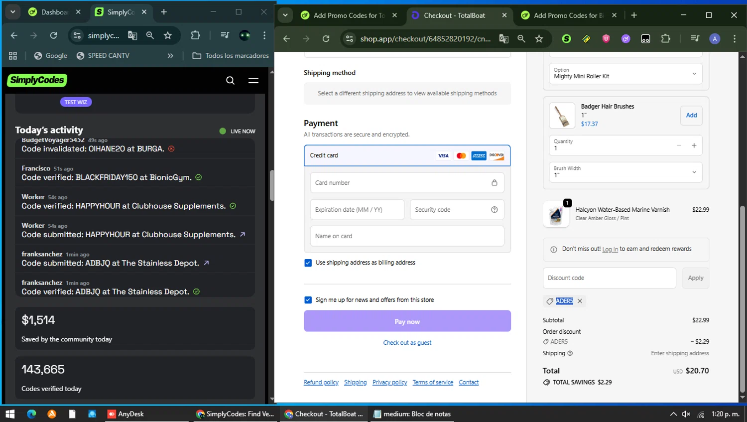 TotalBoat promo code screenshot showing code ADER5 applied at TotalBoat checkout page. Uploaded by SimplyCodes community member Carolina23 on Jan 30, 2026