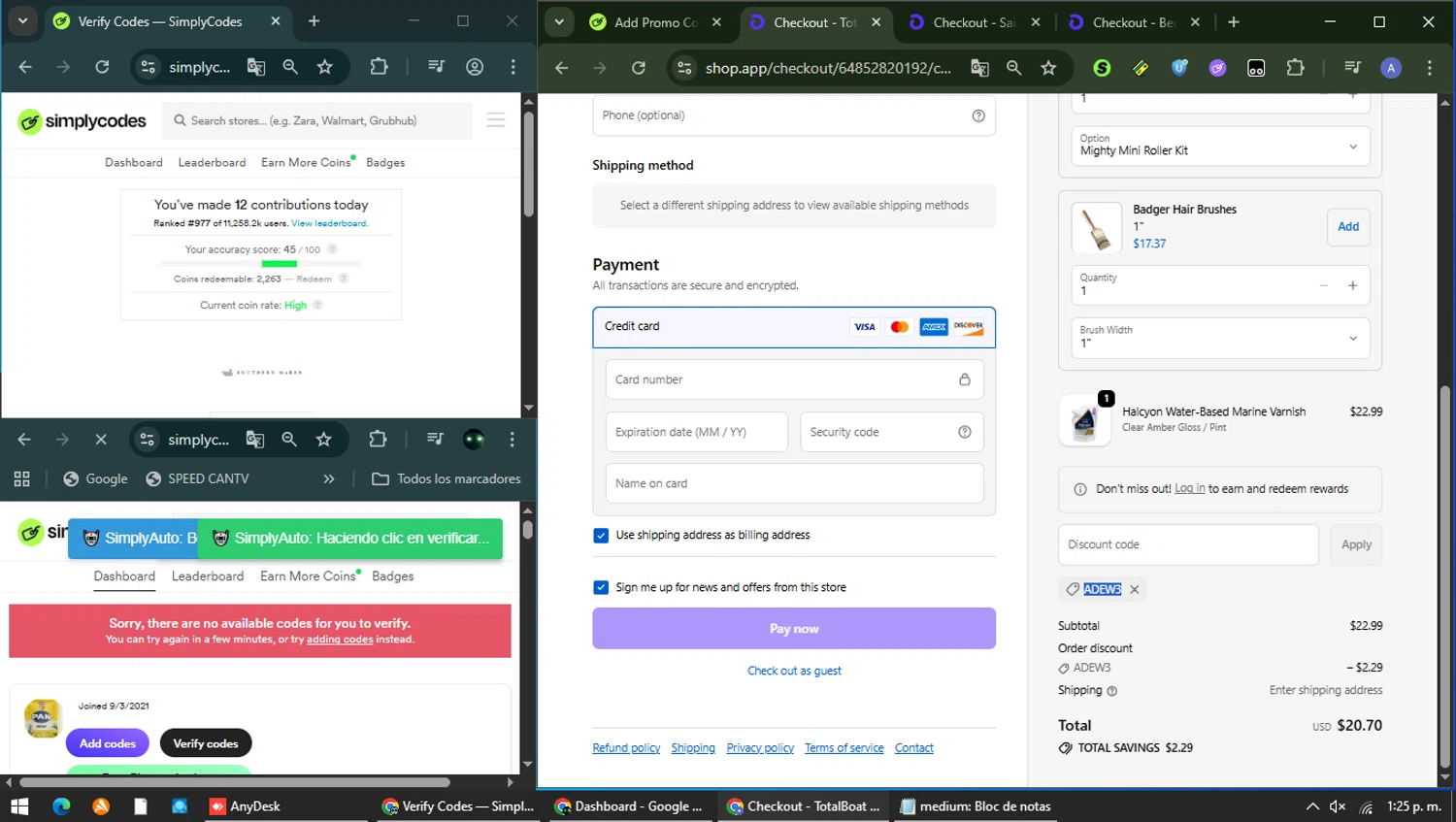 TotalBoat promo code screenshot showing code ADEW3 applied at TotalBoat checkout page. Uploaded by SimplyCodes community member Carolina23 on Jan 10, 2026