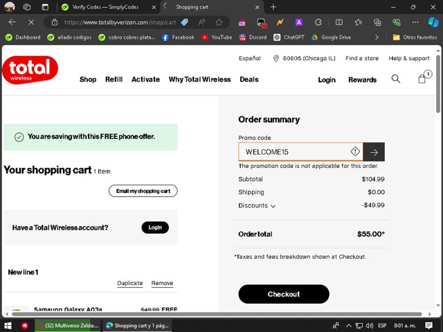 Total By Verizon checkout page showing Total By Verizon promo code box | Screenshot taken by SimplyCodes community member on Jul 12, 2024