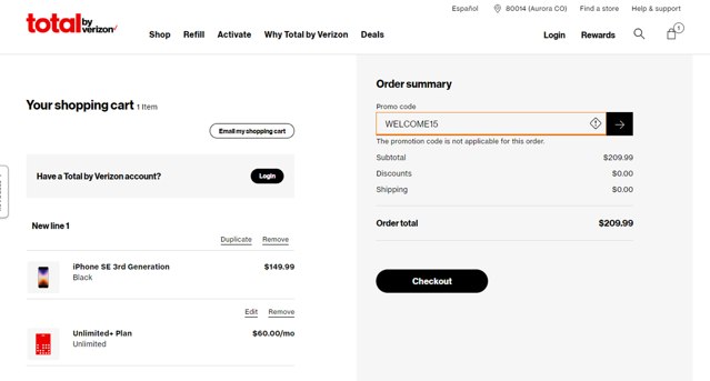 Total By Verizon checkout page showing Total By Verizon promo code box | Screenshot taken by SimplyCodes community member on Dec 2, 2023
