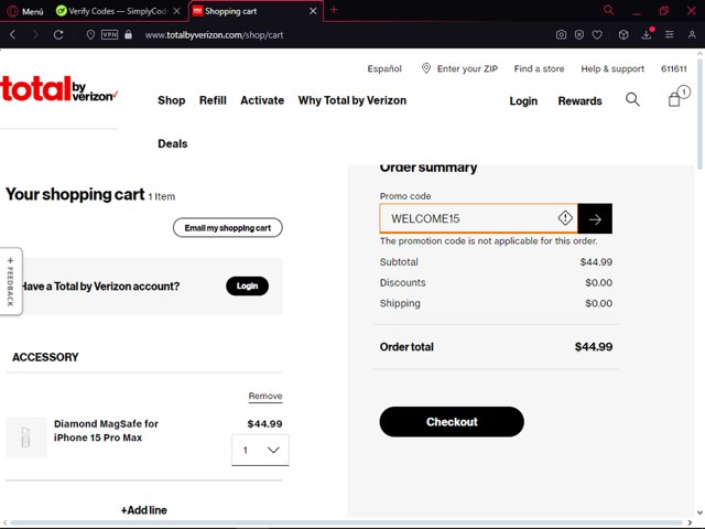 Total By Verizon checkout page showing Total By Verizon promo code box | Screenshot taken by SimplyCodes community member on Apr 16, 2024