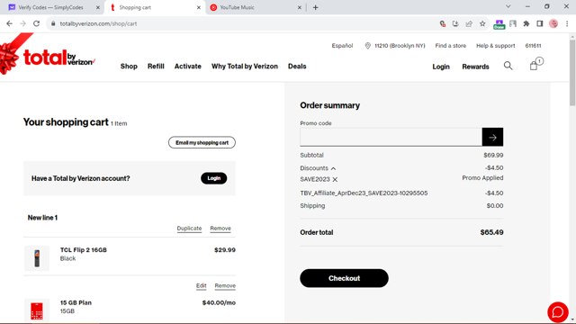 Total By Verizon checkout page showing Total By Verizon promo code box | Screenshot taken by SimplyCodes community member on Dec 2, 2023