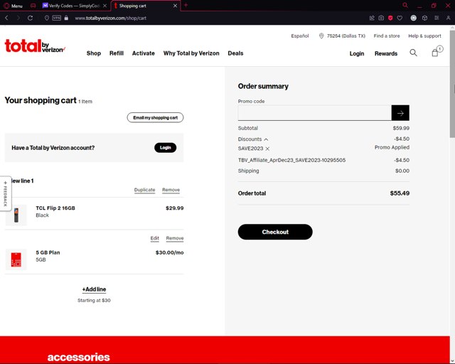Total By Verizon checkout page showing Total By Verizon promo code box | Screenshot taken by SimplyCodes community member on Oct 20, 2023