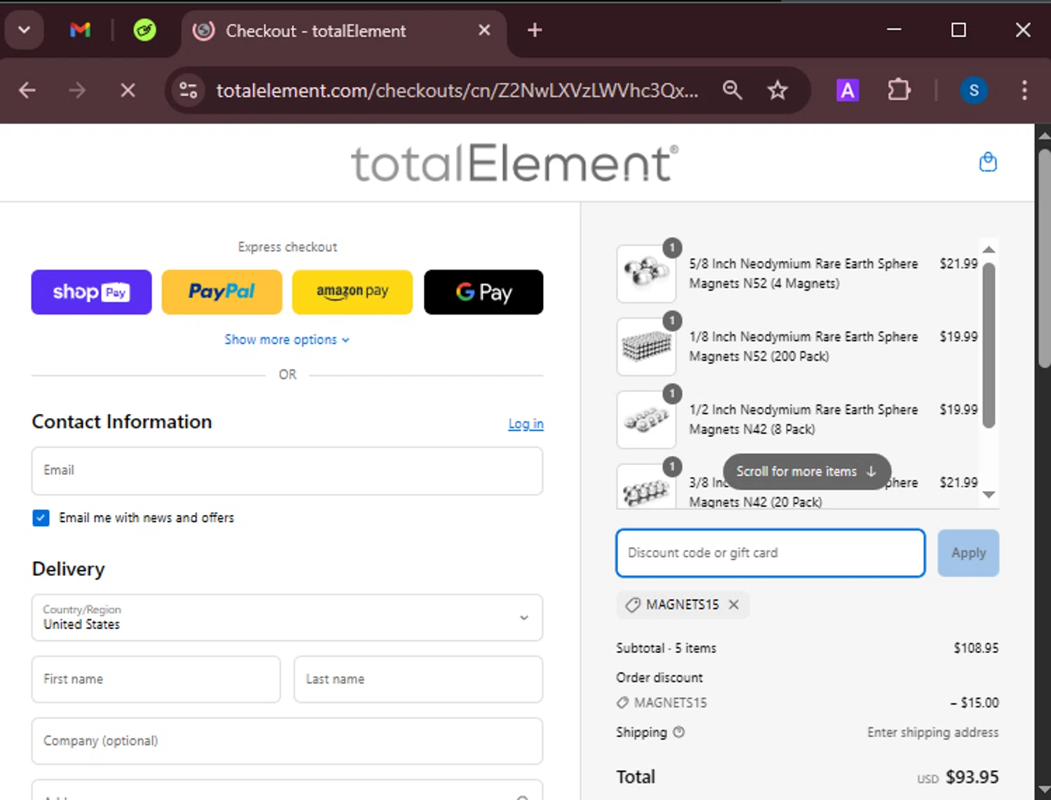 totalElement discount code screenshot showing code MAGNETS15 applied at totalElement checkout page. Uploaded by SimplyCodes community member BrandoJose1 on Apr 17, 2025