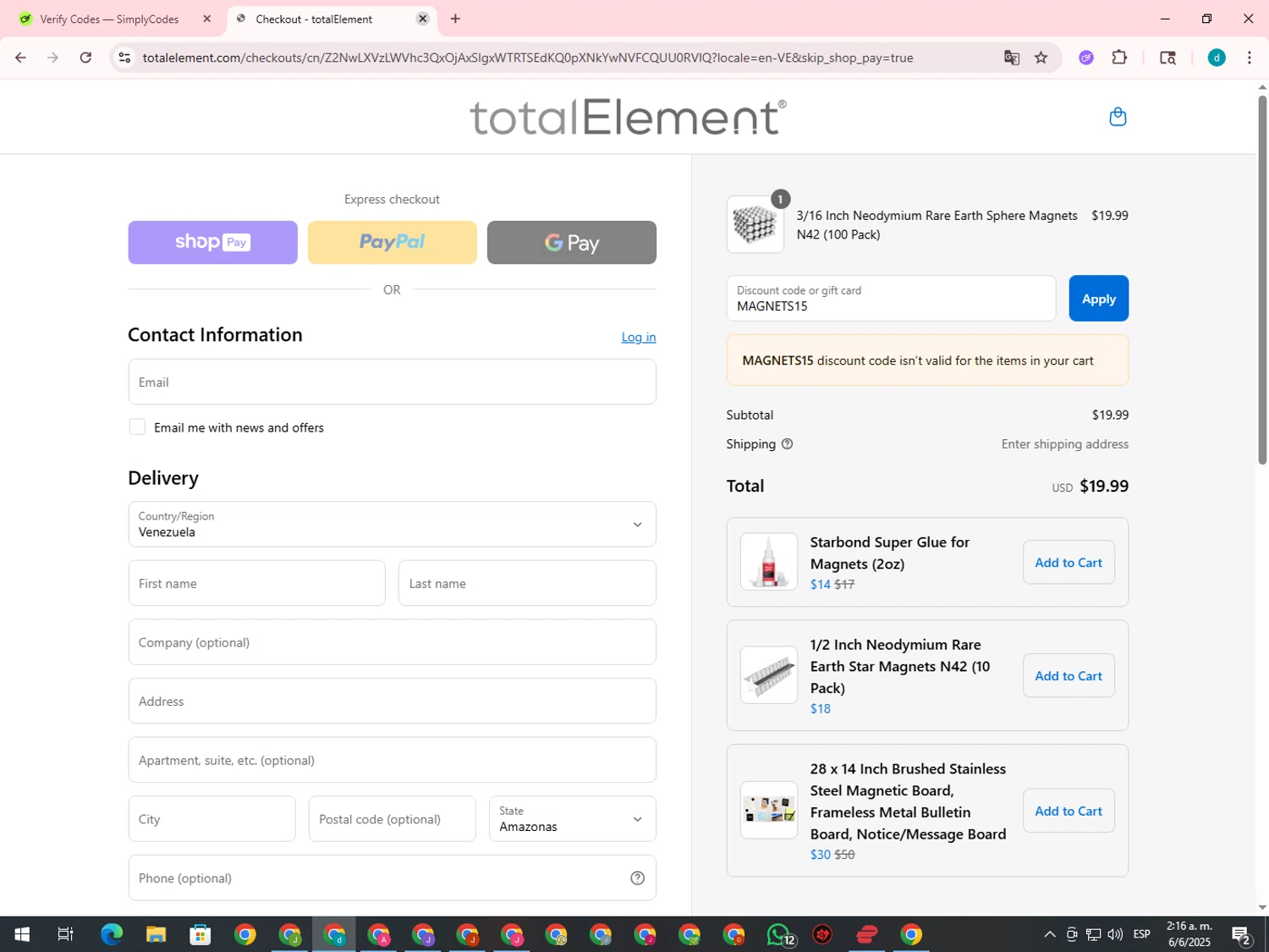 totalElement discount code screenshot showing code MAGNETS15 applied at totalElement checkout page. Uploaded by SimplyCodes community member GloriousTiger3507 on Jun 6, 2025