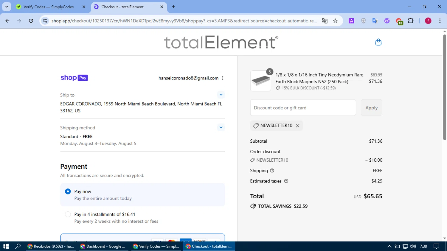 totalElement discount code screenshot showing code NEWSLETTER10 applied at totalElement checkout page. Uploaded by SimplyCodes community member fausguillermo on Jul 30, 2025