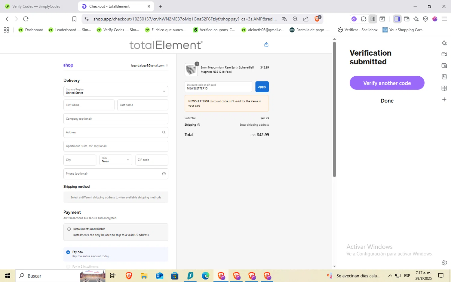 totalElement discount code screenshot showing code NEWSLETTER10 applied at totalElement checkout page. Uploaded by SimplyCodes community member Rayyyyyy on Aug 29, 2025
