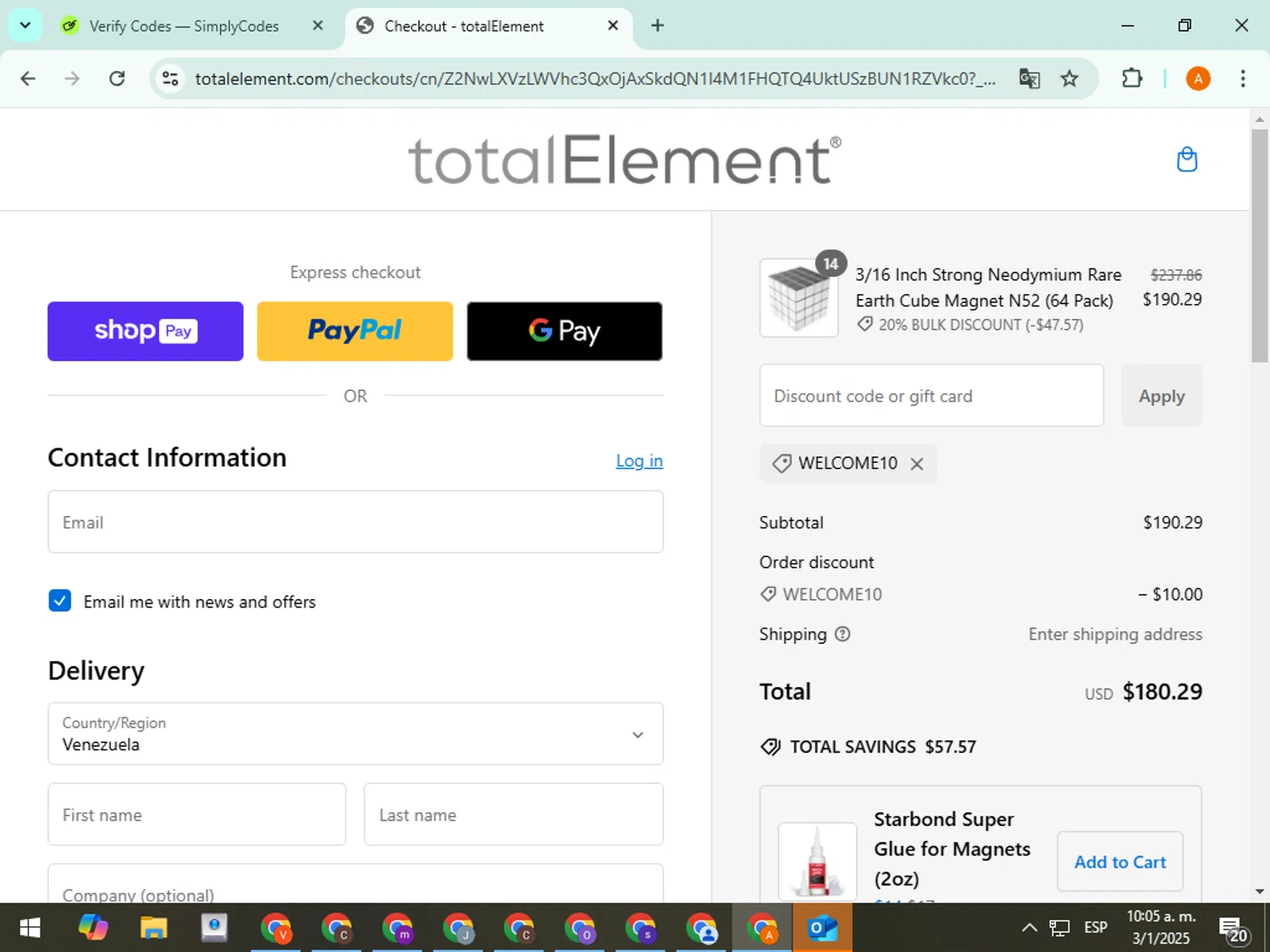 totalElement discount code screenshot showing code WELCOME10 applied at totalElement checkout page. Uploaded by SimplyCodes community member TreasureFox8596 on Jan 3, 2025