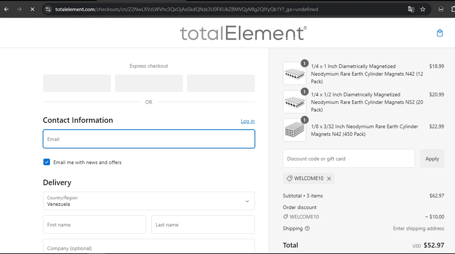 totalElement discount code screenshot showing code WELCOME10 applied at totalElement checkout page. Uploaded by SimplyCodes community member RoyalSpotter5217 on Jan 3, 2025