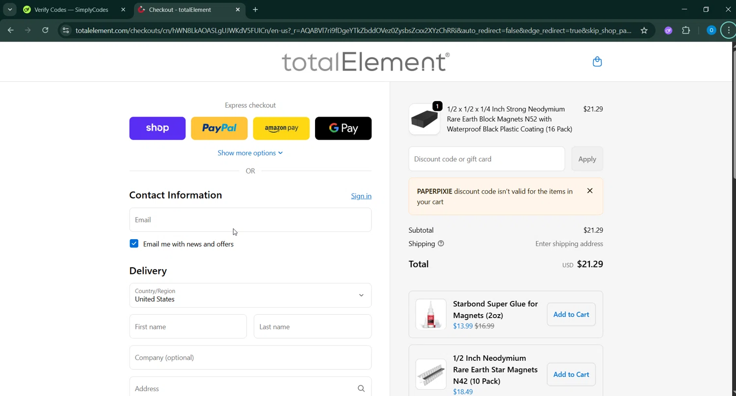 totalElement discount code screenshot showing code PAPERPIXIE applied at totalElement checkout page. Uploaded by SimplyCodes community member GoldChaser6627 on Feb 3, 2026