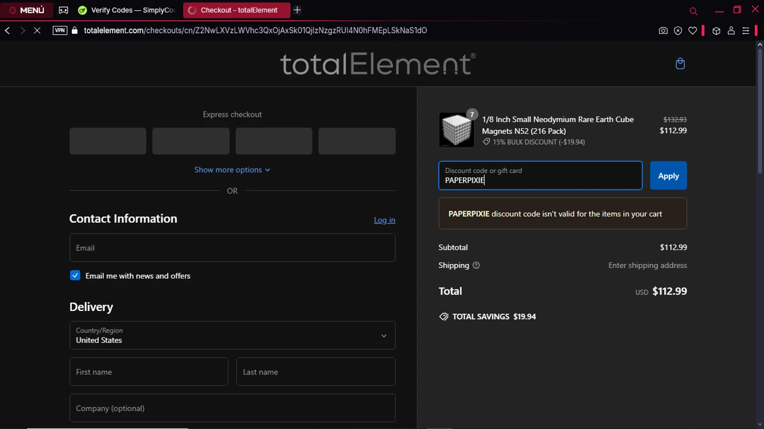 totalElement discount code screenshot showing code PAPERPIXIE applied at totalElement checkout page. Uploaded by SimplyCodes community member GoldPro6514 on Feb 15, 2025