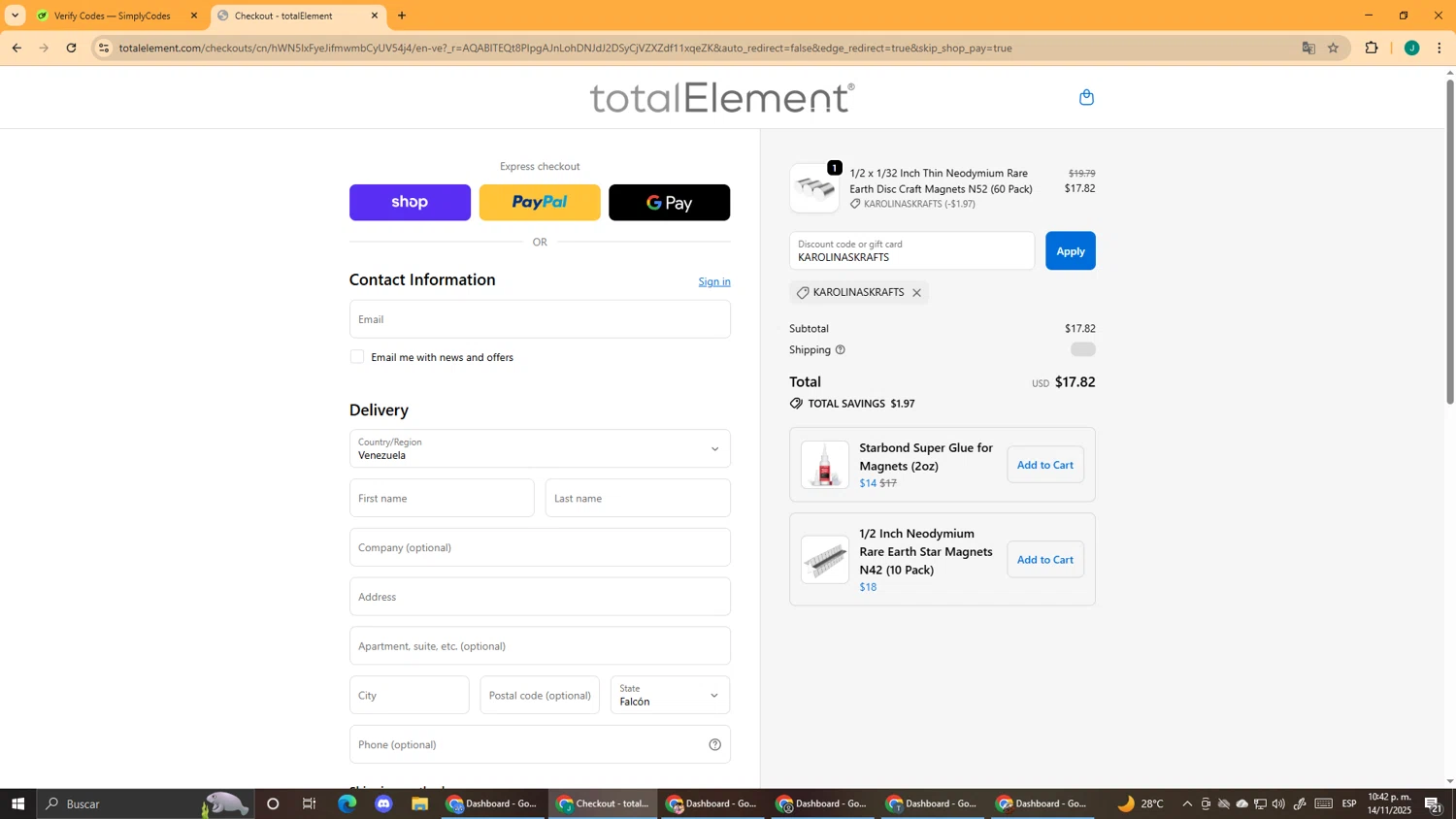 totalElement discount code screenshot showing code KAROLINASKRAFTS applied at totalElement checkout page. Uploaded by SimplyCodes community member DealScout5970 on Nov 15, 2025