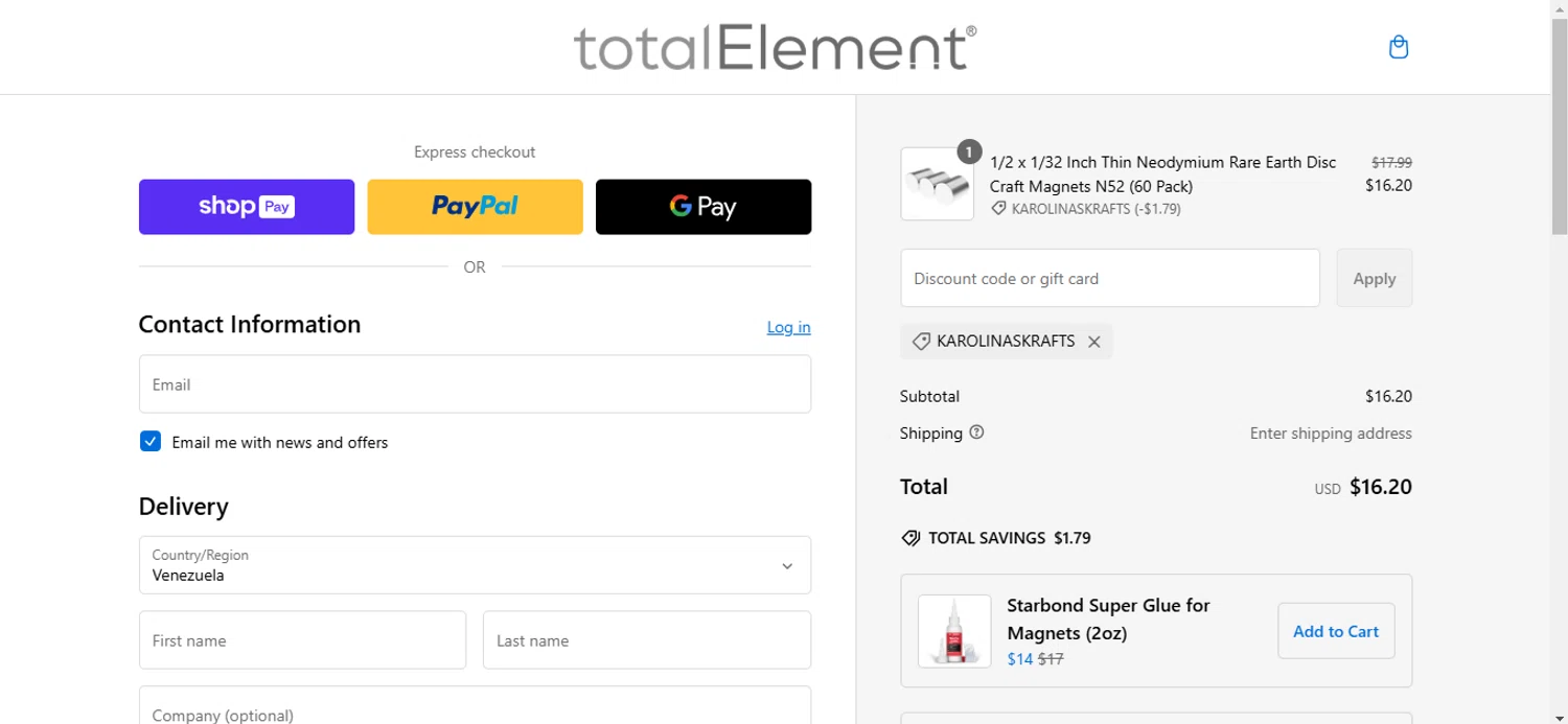 totalElement discount code screenshot showing code KAROLINASKRAFTS applied at totalElement checkout page. Uploaded by SimplyCodes community member anosesmith on Feb 10, 2025