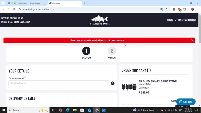 Total Fishing Tackle checkout page showing Total Fishing Tackle discount code box | Screenshot taken by SimplyCodes community member on Jan 4, 2025